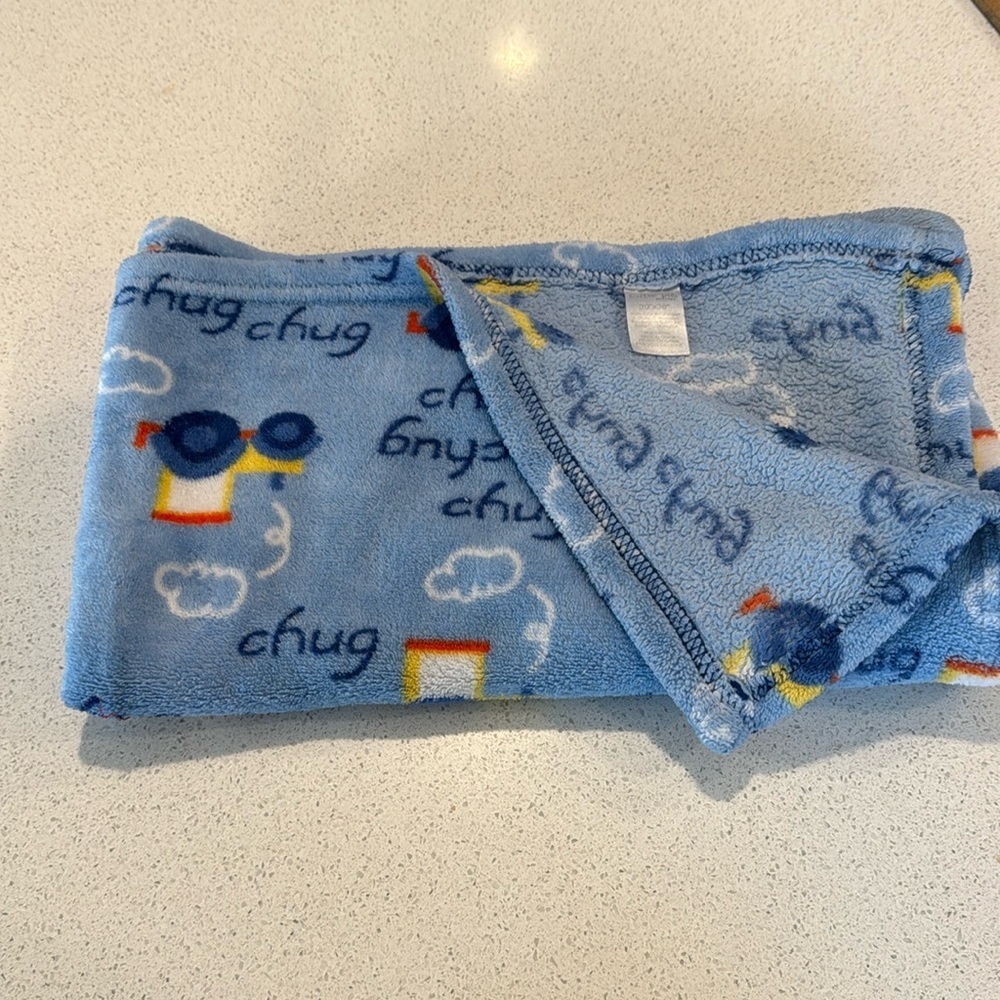 Cutie Pie Blue Baby Blanket 30x36” Trains Chug Chug Tractor Soft Plush 2019